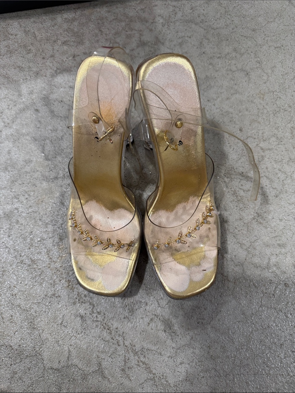 Gold Clear-Strap Heeled Sandals with Crystal Leaf Accents